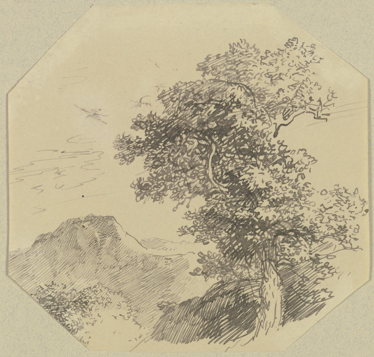 Gebirgslandschaft, rechts vorne ein großer Baum a Carl Friedrich von Rumohr