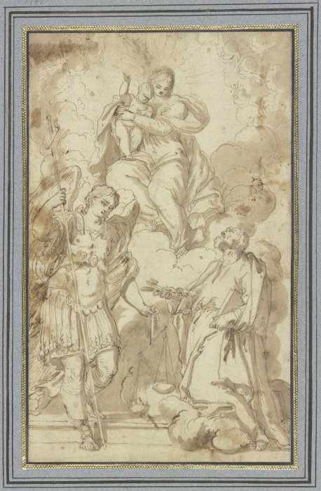 Madonna in Wolken, verehrt vom Erzengel Michael und dem Heiligen Petrus a Carlo Caliari