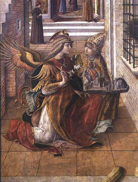 The Annunciation with St. Emidius, detail of the archangel Gabriel with the saint a Carlo Crivelli