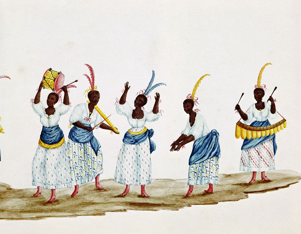 Queen and her Suite, detail depicting dancers and musicians  on a Carlos Juliao