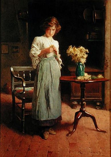 Girl in a cottage by a table and chair a Carlton Alfred Smith