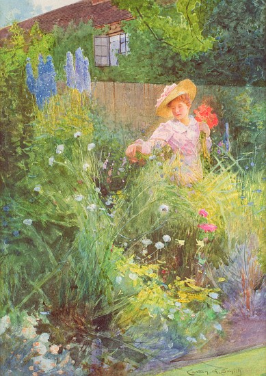 Lady picking flowers in a country garden a Carlton Alfred Smith