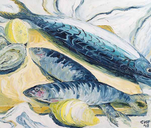 Mackerel with Oysters and Lemons, 1993 (oil on paper)  a Carolyn  Hubbard-Ford