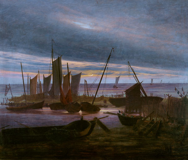 East sea beach with fishing boats at moonrise a Caspar David Friedrich