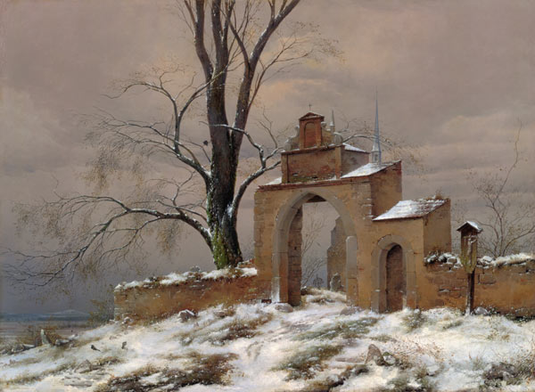 Lonely cemetery gate in winter a Caspar David Friedrich