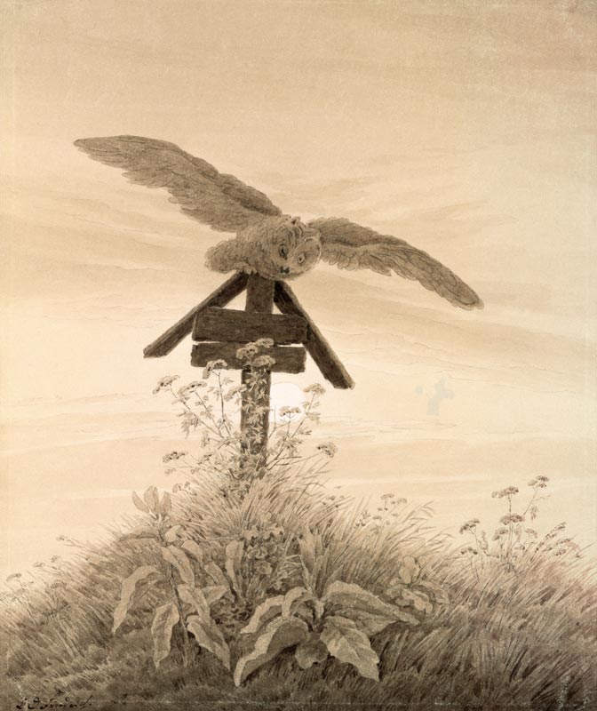 Eule auf Grabkreuz a Caspar David Friedrich