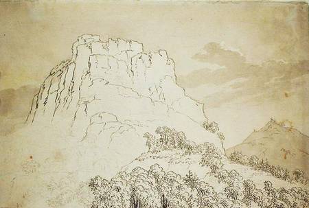 Rocky Hilltop with a Wooded Hill in front (pencil, pen and w/c wash on a Caspar David Friedrich