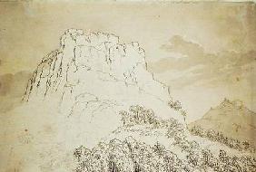 Rocky Hilltop with a Wooded Hill in front (pencil, pen and w/c wash on
