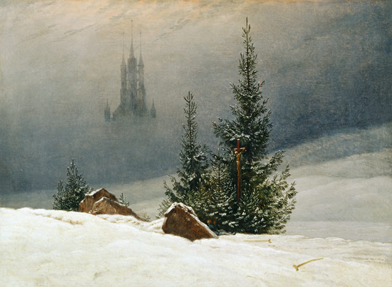 Paesaggio invernale con chiesa a Caspar David Friedrich