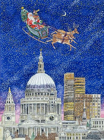 Father Christmas Flying over London (w/c on paper)  a Catherine  Bradbury