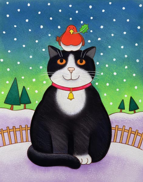 Cat with Robin (w/c on paper)  a Cathy  Baxter