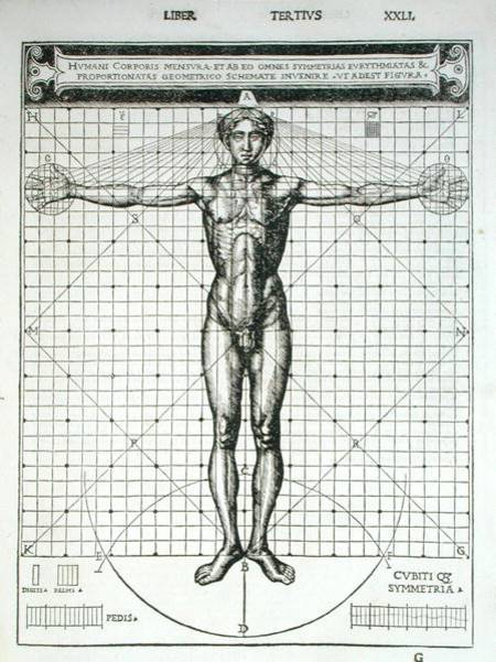 Ideal proportions based on the human body, from 'Di Lucio Vitruvio Pollione de architectura a libri a Cesare di Lorenzo Cesariano