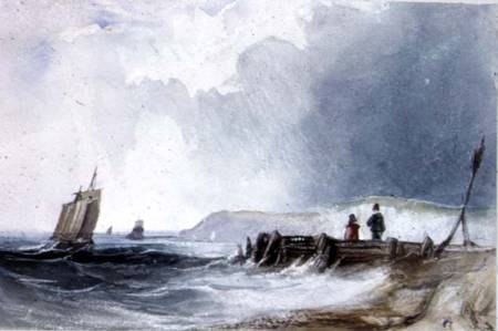 Coast Scene, with boats and wooden jetty a Charles Bentley