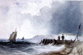 Coast Scene, with boats and wooden jetty