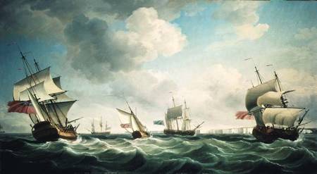 East Indiamen and a smack-rigged Royal Yacht in a breeze off the Downs a Charles Brooking