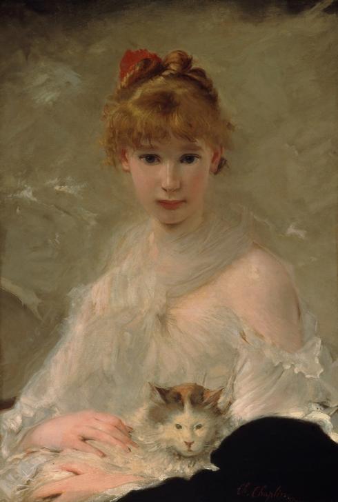 Portrait of a young woman with cat a Charles Chaplin