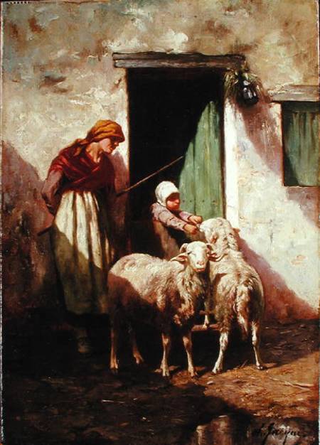 Shepherdess with a Child and Two Sheep a Charles Emile Jacques