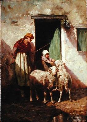 Shepherdess with a Child and Two Sheep