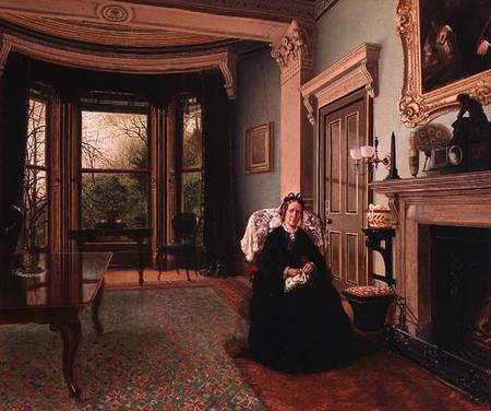 Victorian interior with seated lady a Charles Frederick Lowcock
