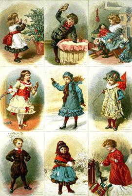 Christmas cards depicting various children's activities, pub. by Leighton Bros., 1882 (engraving)