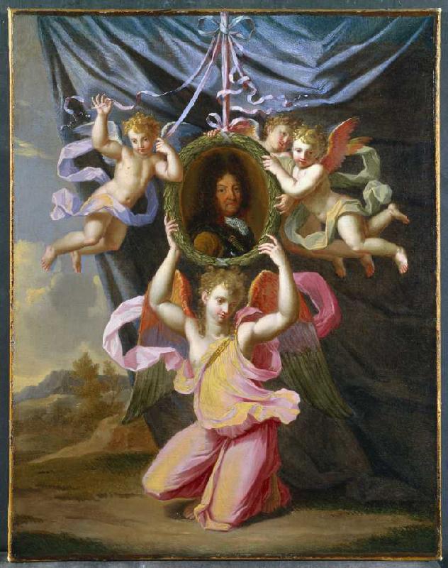 Bildnis Ludwig XIV., von Engeln vor einem Vorhang gehalten. a Charles Le Brun (successore)