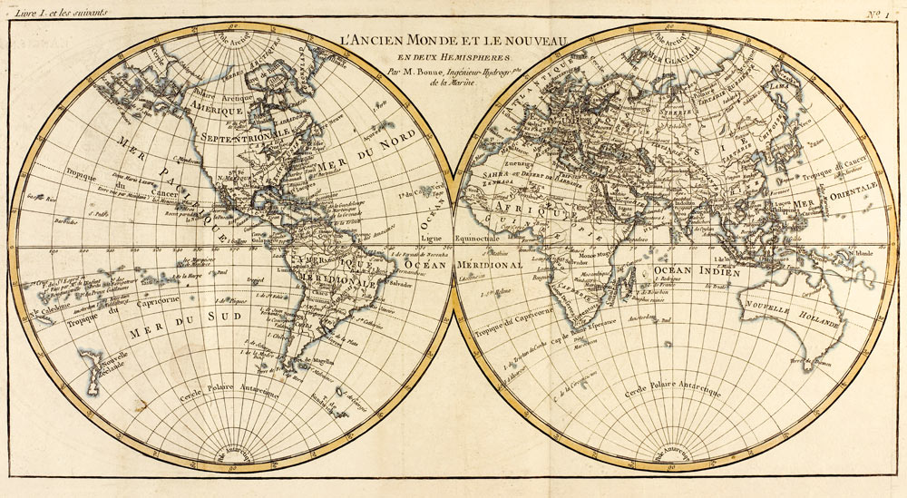 Map of the World in two Hemispheres, from 'Atlas de Toutes les Parties Connues du Globe Terrestre' b a Charles Marie Rigobert Bonne
