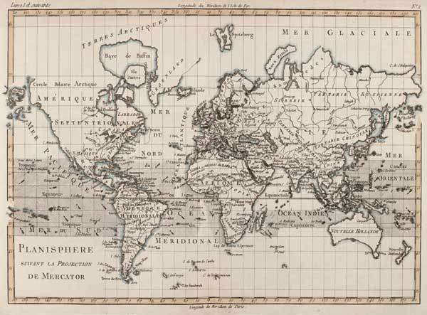Map of the World using the Mercator Projection, from 'Atlas de Toutes les Parties Connues du Globe T a Charles Marie Rigobert Bonne