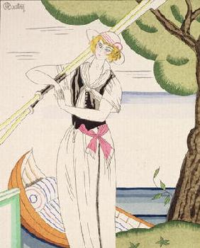 Woman alighting from her boat (colour litho)