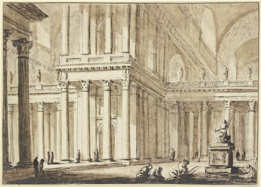 Grandiose Säulenhalle, rechts eine Statue vor welcher mehrere Menschen knien a Charles-Michel-Ange Challe