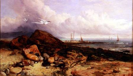 Shore Scene with Fishing Boat and Terns a Charles Napier Hemy