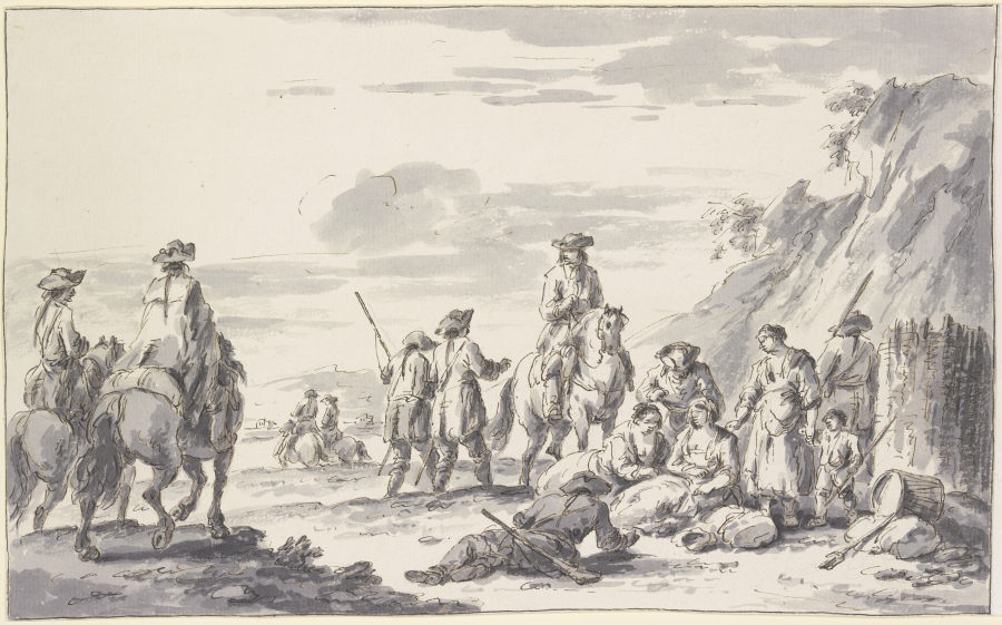 Soldaten zu Pferde und zu Fuß bei einem Schanzkorbe mit Frauen und Kindern a Charles Parrocel