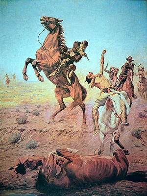 Fight for the Water Hole (colour litho) a Charles Schreyvogel