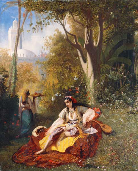 Eine Algerierin mit ihrer Bediensteten in einem Garten a Charles-Theodore Frère