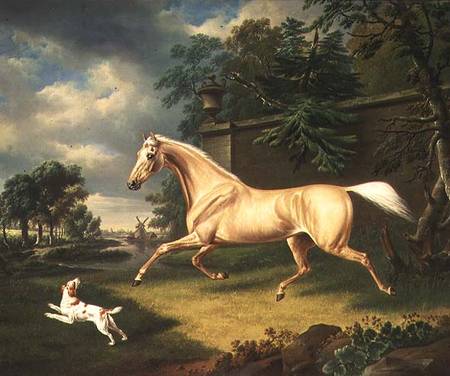 A Palomino frightened by an oncoming storm with a Spaniel a Charles Towne