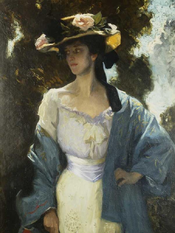 Frances Josephine Furse, Schwägerin des Künstlers, in einer blauen, orientalischen Jacke a Charles Wellington Furse