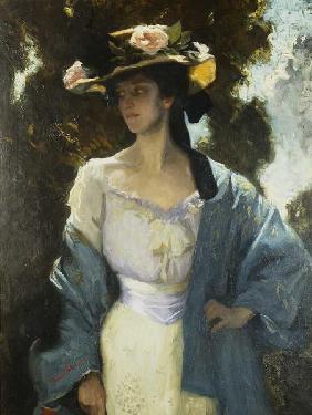 Frances Josephine Furse, Schwägerin des Künstlers, in einer blauen, orientalischen Jacke