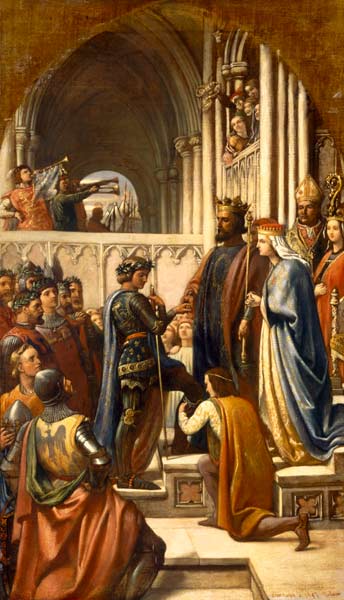 Edward III (1312-77): conferring the Order of the Garter on Edward the Black Prince (1330-76) a Charles West Cope