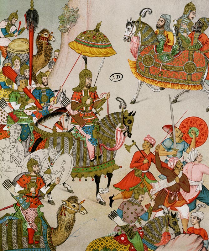 Emperor Babur (r.1526-30) at the head of his army, after a sixteenth century Mughal miniature (colou a Charpentier