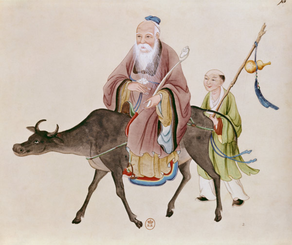 Lao-Tzu (c.604-531) on his buffalo, followed by a disciple  on a Scuola Cinese