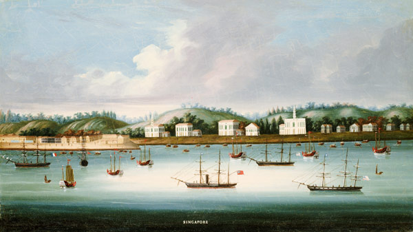 A view of Singapore from the roads with American, French and British shipping, c.1850 a Scuola Cinese