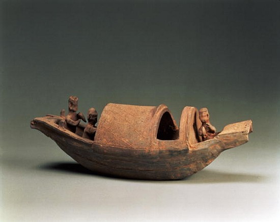 Boat and crew, tomb artefact, Eastern Han Dynasty, 25-220 AD (earthenware) a Scuola Cinese