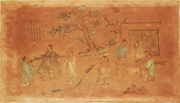 Scene from the life of Confucius (c.551-479 BC) and his disciples, Qing Dynasty (1644-1912) a Scuola Cinese