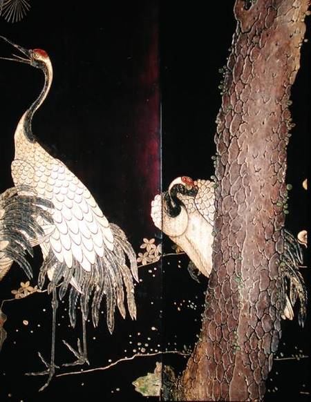 Detail of two cranes from a Coromandel screen a Scuola Cinese