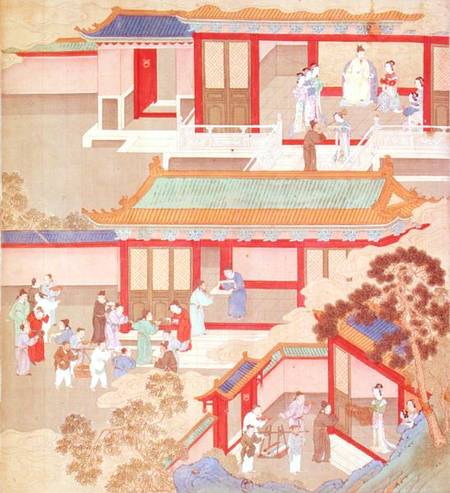 Emperor Hsuan Tsung (712-756 AD) at home, from a history of Chinese emperors a Scuola Cinese