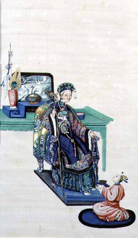 Old Woman Seated with a Kneeling Servant a Scuola Cinese