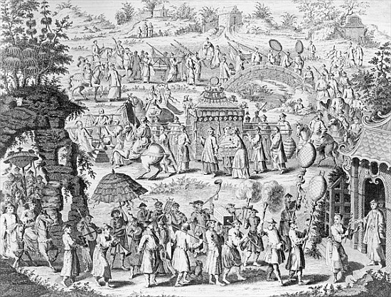 Procession of a bride going home to her husband; engraved by N. Parr (b/w photo);  a Scuola Cinese