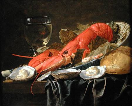 Still life with lobster, shrimp, roemer, oysters and bread a Christiaan Luykx or Luycks