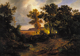Woods clearing with hunter and a view of star mountain a Christian E.B. Morgenstern