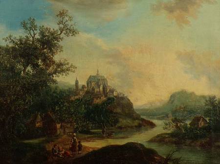 A Rhineland View with Figures in the foreground and a Fortified Town on a Hill Beyond a Christian Georg II Schutz or Schuz