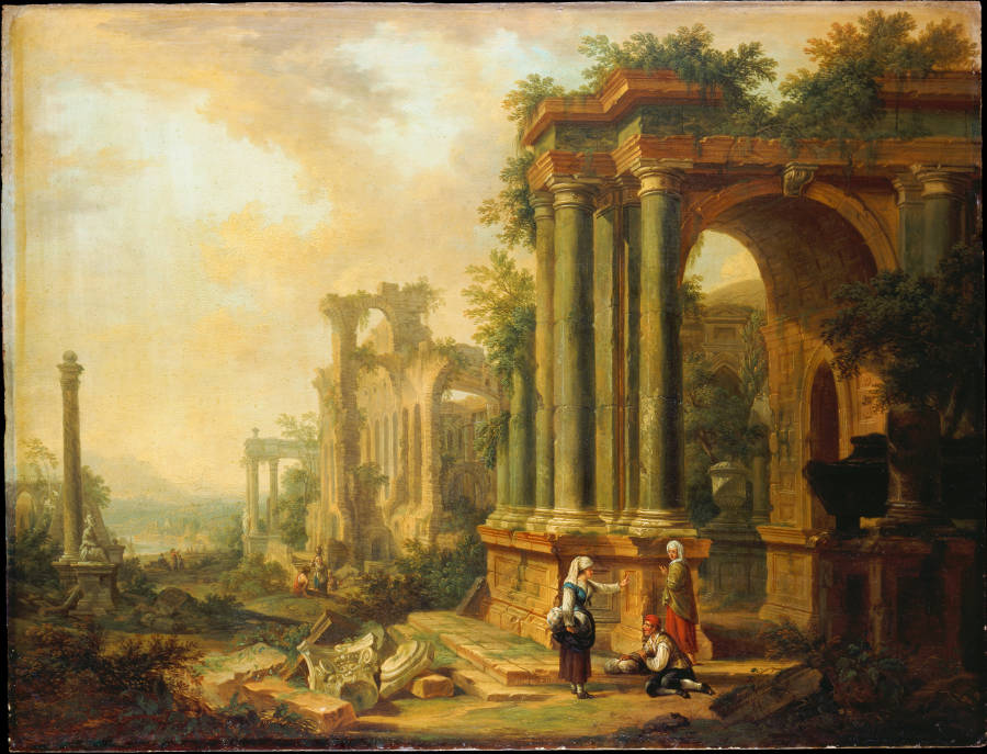 Landscape with Ancient Ruins and a Column a Christian Georg Schütz d. Ä.